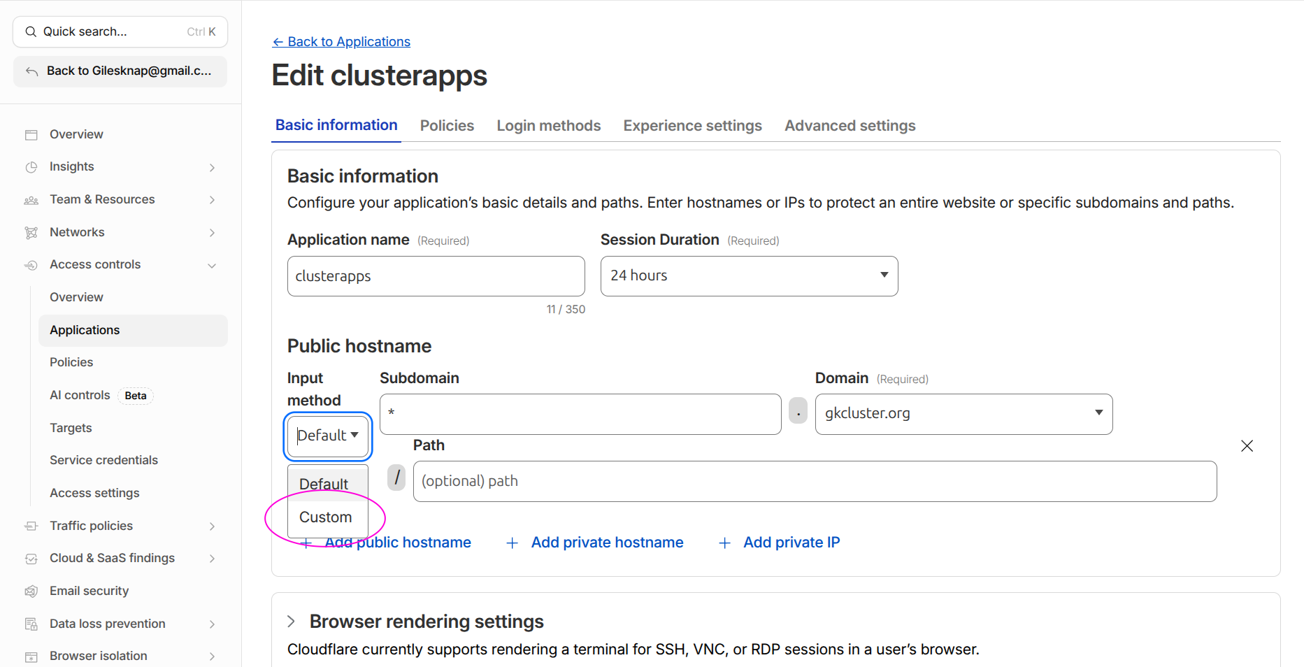 Cloudflare Access application with Custom input method and wildcard subdomain
